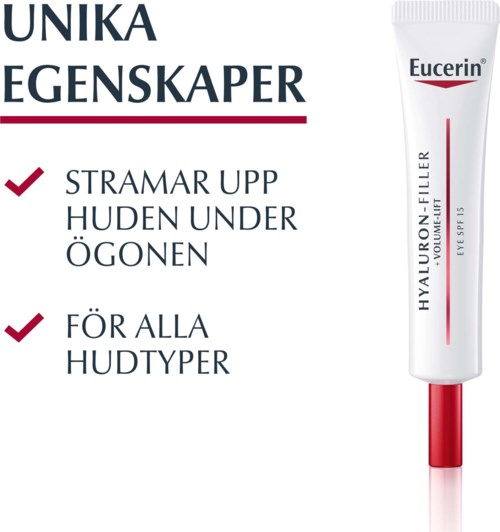 Eucerin-logo med tekst om hudfordeler og en tubenhet med hyalurons fillereffekt.
