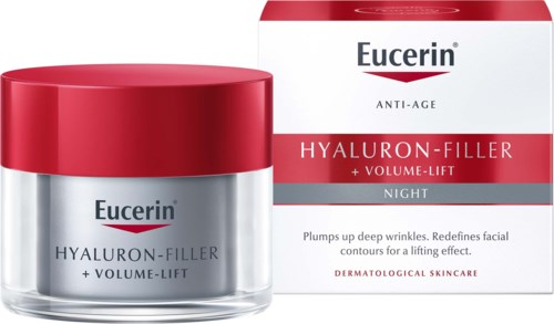 Eucerin nattkräm med hyaluronsyra och volymökning. Finns i burk och förpackning. Hjälper minska rynkor.