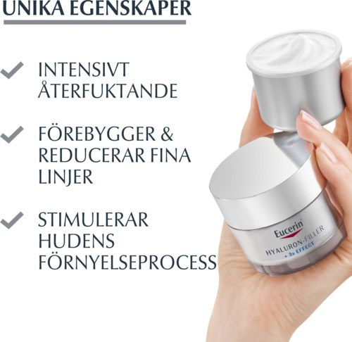Osoba trzyma słoik Eucerin Hyaluron-Filler, z tekstem opisującym cechy produktu, takie jak przeciwstarzeniowe i odnowa skóry.