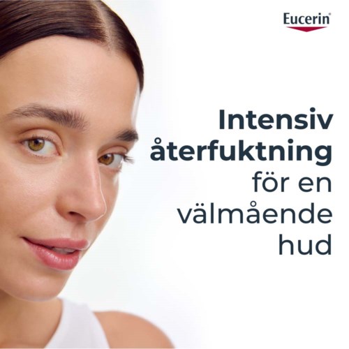 Eucerin-logo, vrouw met heldere huid, tekst over intensieve hydratatie voor gezonde huid.