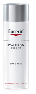 En vit och silverfärgad flaska märkt Eucerin Hyaluron-Filler med SPF 15 för hudvård.