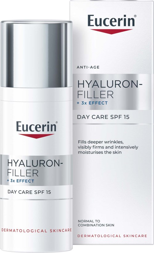 Eucerin Hyaluron-Filler huidverzorgingsfles en doos voor diepe rimpels, huidverstrakking, SPF 15, geschikt voor normale tot gecombineerde huid.