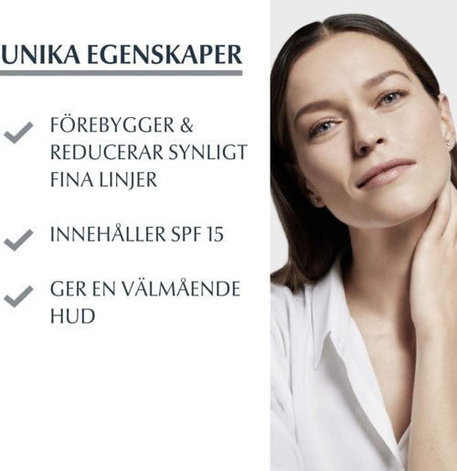 Tekstlijst met skincare-voordelen, waaronder het voorkomen van zichtbare lijnen, SPF 15 en gezonde huid. Vrouw met heldere huid wordt getoond.