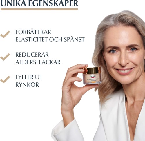 Hymyilevä nainen pitelee kerma-astiaa, tekstinä ihon parannus, vähentää ikäraptauksia ja täyttää ryppyjä.