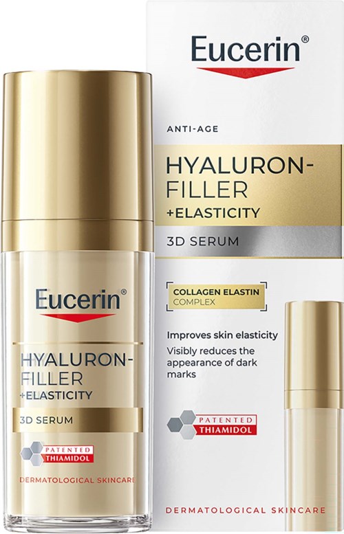 Eucerin Hyaluron-Filler og Elasticity 3D serumflaske foran esken, som viser et hudpleieprodukt for aldrende hud.