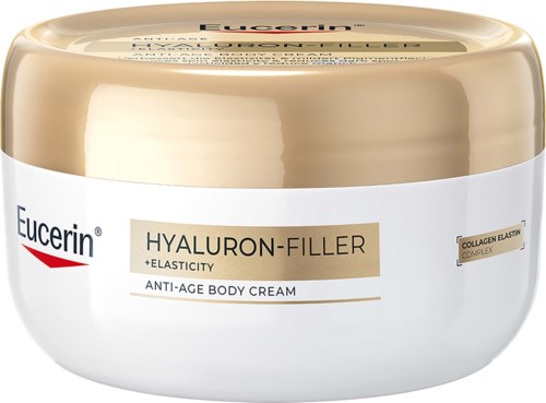 A white and gold jar of Eucerin Hyaluron-Filler anti-age body cream with collagen elastin complex label.
