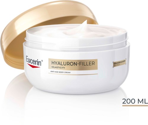 A white jar of Eucerin Hyaluron-Filler anti-age body cream with a gold lid beside it, 200ml.