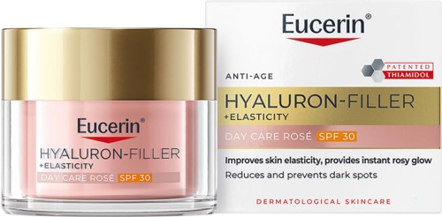Eucerin Hyaluron-Filler Dagcreme Rosé i glasbeholder med guldhætte, emballagen viser produktnavn og fordele.