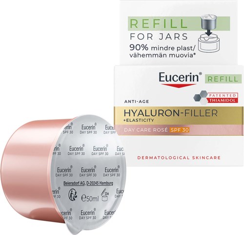 Eucerin hudplejeprodukter med SPF 30 dagcreme og refill-glas, i rosa og hvid emballage.