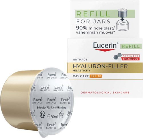 Eucerin Hyaluron-Filler Day Care SPF 30 with refill package and applicator, promoting anti-age and skin elasticity.