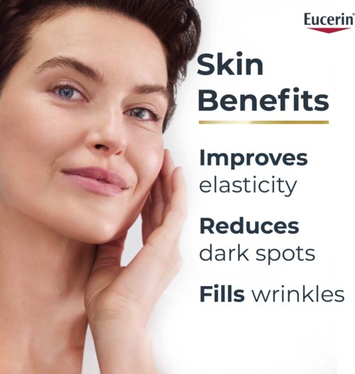 Eucerin logo at top right, smiling woman with clear skin, skin benefits listed as improves elasticity, reduces dark spots, fills wrinkles.