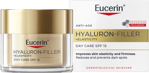 Eucerin Hyaluron-Filler + Elasticity dagcreme med SPF 15 i glas og æske, fremmer hudpleje.