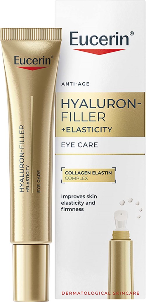 Eucerin Hyaluron-Filler eye care tube and box in gold and white packaging.