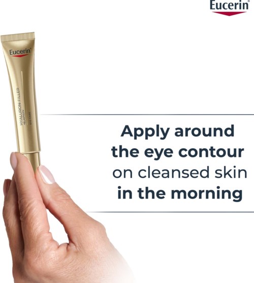 Eucerin product tube being held by a hand, with instructions to apply around the eye contour on cleansed skin in the morning.