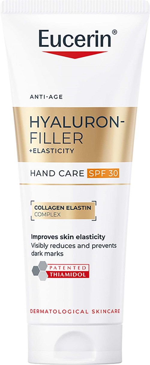 Eucerin håndcreme med SPF 30, collagen elastin-kompleks og anti-aging i en hvid og beige tube.