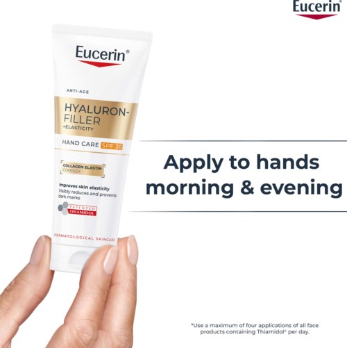 Eucerin hyaluron filler håndcreme med SPF 30 holdt af en hånd, med tekst om at påføre morgen og aften.