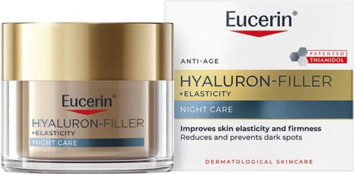 Eucerin natcreme i glas med guldhætte, emballage viser produktnavn og fordele for hudens elasticitet.