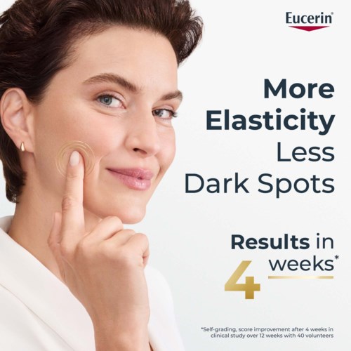 Eucerin-logo med en kvinde, der rører ved sin kind, fremmer hudens elasticitet og færre mørke pletter, med påstand om resultater på 4 uger.