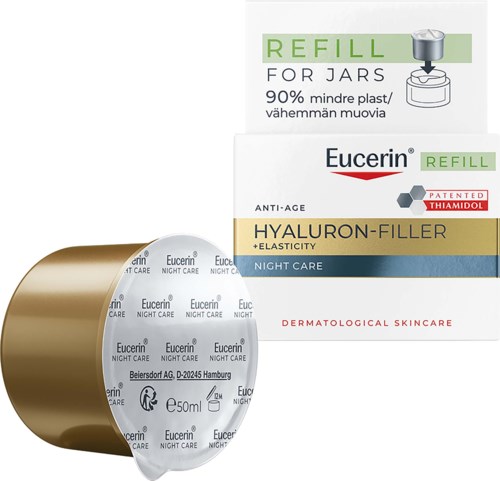 Eucerin Hyaluron-Filler Night Care påfyllningsförpackning med en guld- och vit behållare och en etikett som visar produktinformation.
