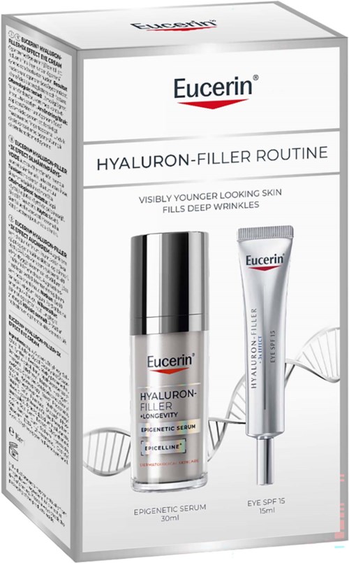 Eucerin Hyaluron-Filler hudpleieprodukter, inkludert en 30 ml serum og en 15 ml øyekrem, vist på emballasjen.
