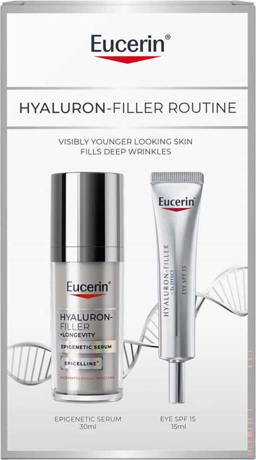 Eucerin Hyaluron-Filler hudpleieprodukter, en i pumpflaske og den andre i tube, på hvit bakgrunn.