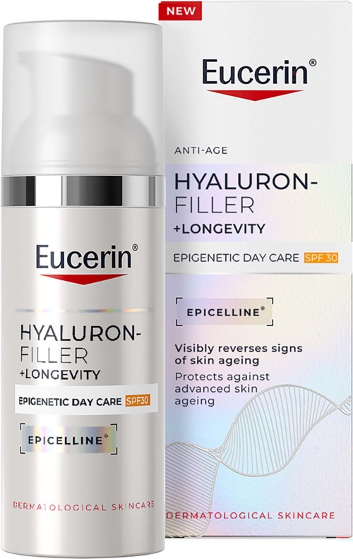 Eucerin Hyaluron-Filler anti-age hudplejeprodukt i hvid flaske med sølv og rød accenter, ved siden af æsken.