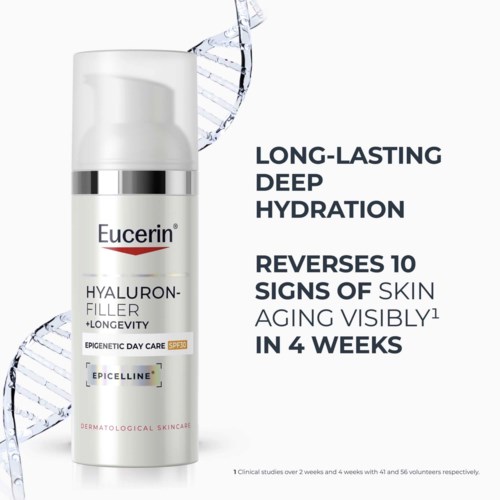 Eucerin Hyaluron-Filler hudpleje med vandstråle i baggrunden, der fremhæver dyb langvarig hydrering.