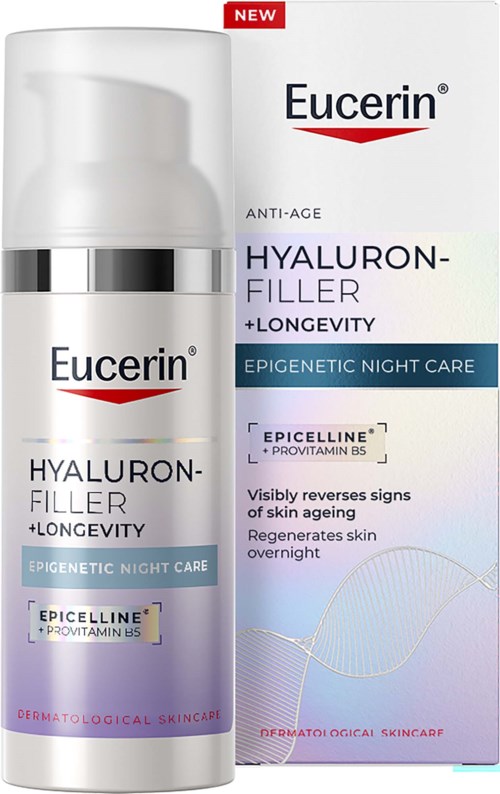 Eucerin Hyaluron-Filler natcreme med Epilence og provitamin B5, i hvid og lilla emballage.