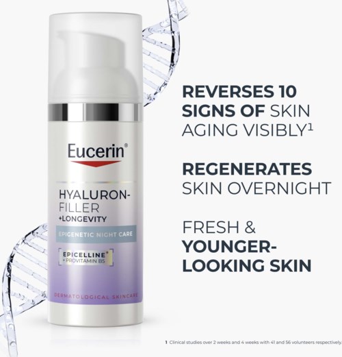 Eucerin Hyaluron-Filler hudplejeprodukt med tekst, der fremhæver fordele for aldring, hudfornyelse og ungdommeligt udseende.