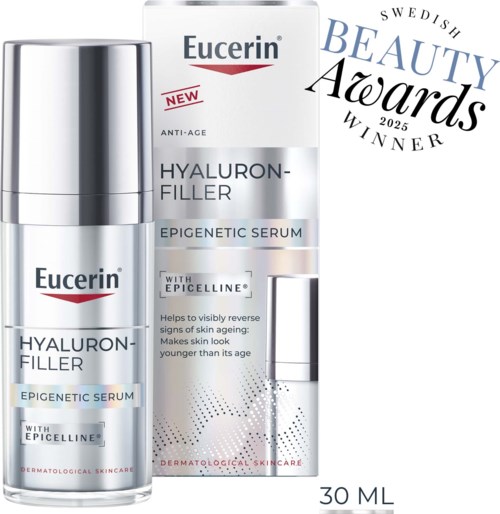 Eucerin Hyaluron-Filler Serumflasche mit Verpackung und Schönheitsauszeichnung, 30 ml.
