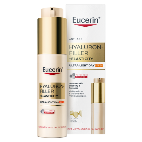 Ein Hautpflegeprodukt und Verpackung für Eucerin Hyaluron-Filler mit SPF 50, das auf Hautelastizität und Anti-Aging-Vorteile abzielt.
