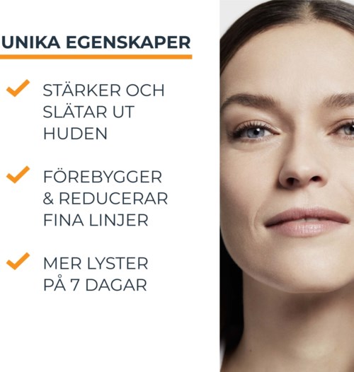Tekst som oppsummerer hudpleie fordeler: styrker huden, reduserer fine linjer, gir hudglød på 7 dager. Bilde av en kvinne med klar hud.