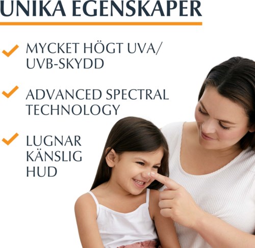 Teksti listaa ihoon liittyviä ominaisuuksia, kun nainen ja tyttö hymyilevät ja osoittavat kohtia.