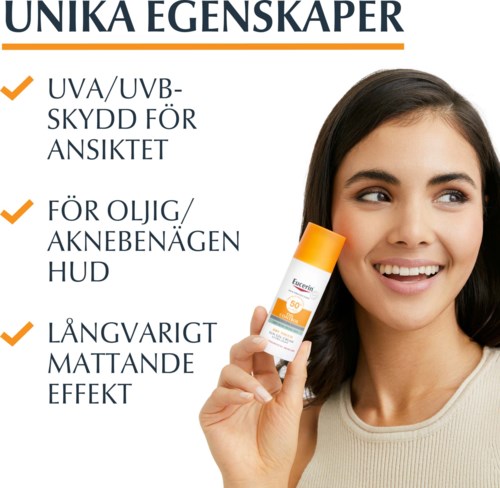 Woman smiling holding sunscreen in front of a list of skin protection benefits.
