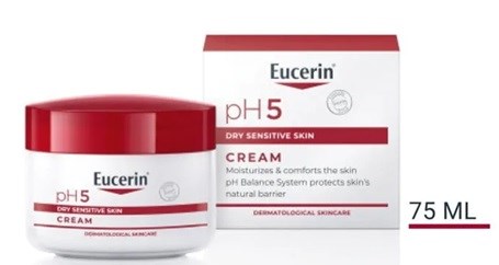 Eucerin pH5 Voide kuivalle, herkälleiselle iholle, 75 ml rasia, valkoinen ja punainen paketti.