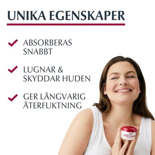 Nainen pitää rannetta, hymyilee. Esitteessä kerrotaan hyödyt: imeytyy nopeasti, rauhoittaa ihoa, ehkäisee pitkäaikaista ryppymistä.