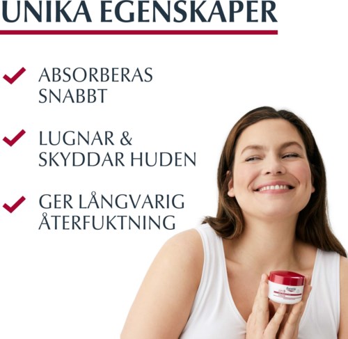 Kuva näyttää naisen hymyilevän ja pitelevän pientä purkkia, tekstissä ihon hyödyt ja ominaisuudet.