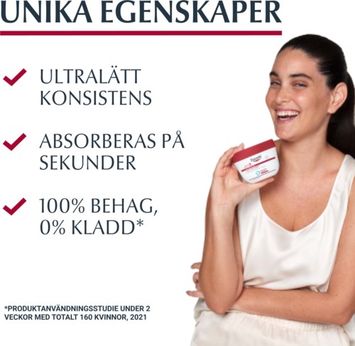 Nainen, jolla tummat hiukset ja hymy, pitää pientä punaista ja valkoista tuotetta lähellä tekstiä, joka listaa tuotteen ominaisuuksia.