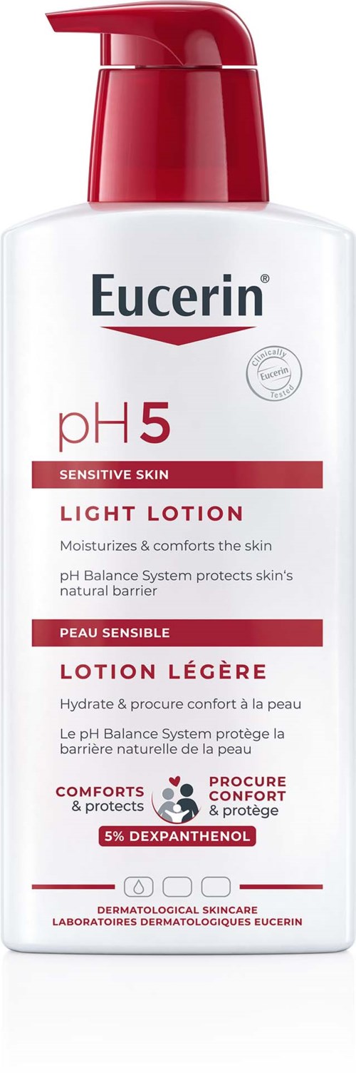 Valkoinen pullo punaisella korkilla ja pumpulla, etiketissä Eucerin pH5 Light Lotion herkälle iholle.