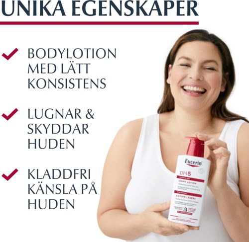 Nainen hymyilee ja pitää ihonhoitotuotetta, tekstissä hyödyt ja ominaisuudet.