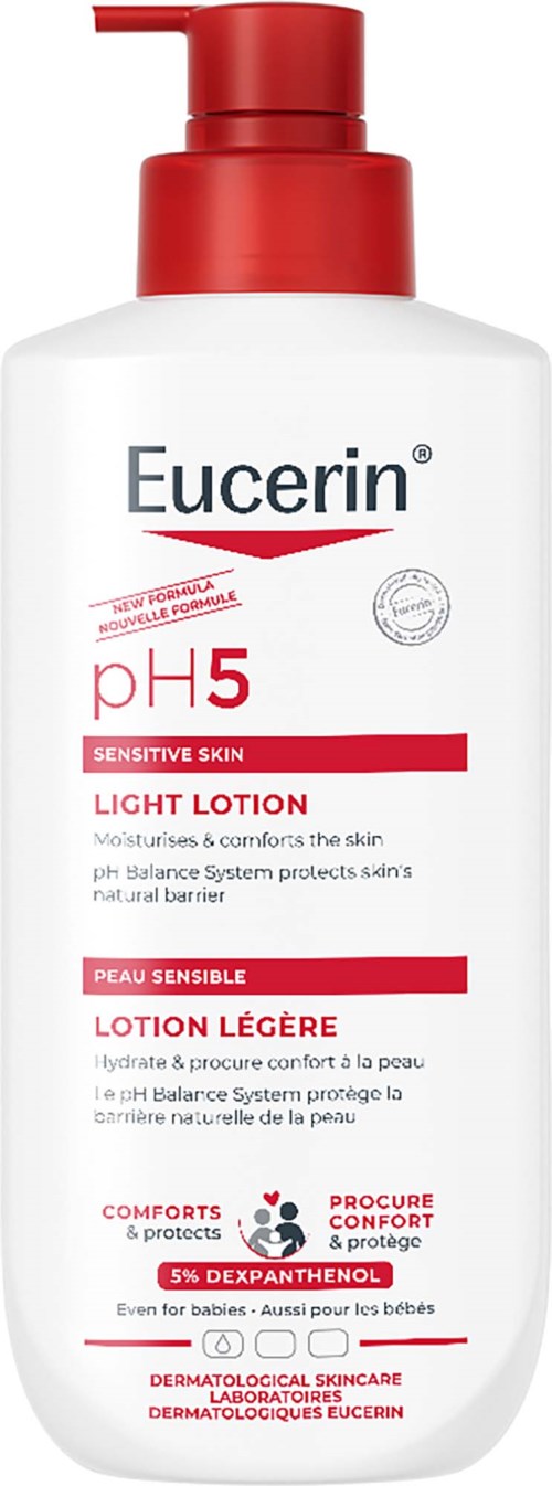 Eucerin let lotionflaske med rød pumpe, pH 5 til følsom hud, fugtighedsplejeinformation i rød og sort tekst.