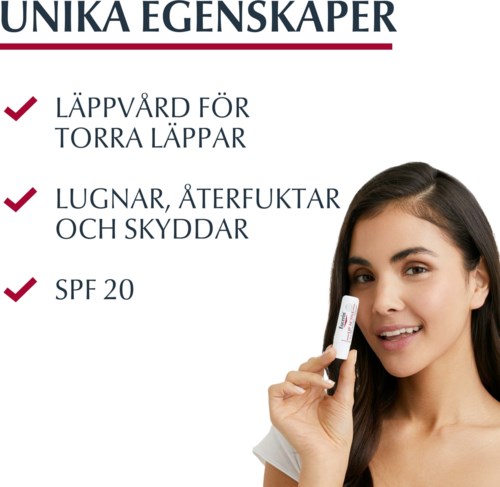 Hautpflegeprodukt für trockene Lippen, beruhigt, repariert, schützt, mit SPF 20, gezeigt von lächelnder Frau, die Tube hält.