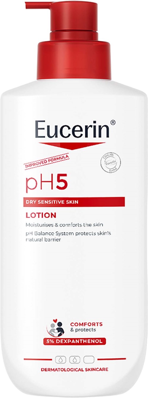Eucerin pH5 lotion til tør og følsom hud i hvid flaske med rød pumpe.