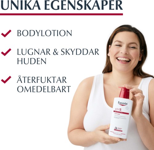 Vrouw lacht, houdt een lotionflesje vast, met een lijst van huidvoordelen in het Nederlands.