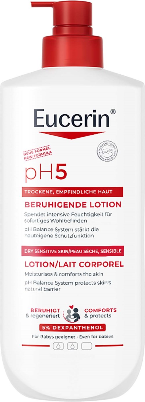 Eucerin lotionflaske med rød pumpe, til følsom, tør hud med pH5 og depanthenol.