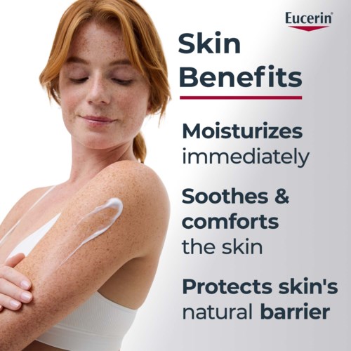 En kvinde påfører lotion på sin arm, som fremhæver fugtgivende og beroligende fordele for huden fra Eucerin.