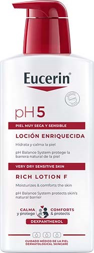 Punainen ja valkoinen Eucerin kasvovoide pullo erittäin kuivalle, herkälle iholle pH 5, kosteuttava ja rauhoittava.
