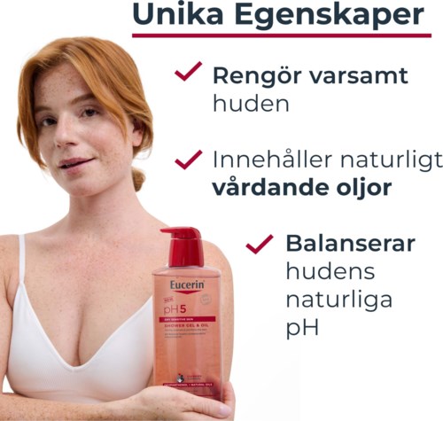 Frau mit roten Haaren bewirbt Eucerin Duschgel mit natürlichen Ölen, reinigt die Haut und sorgt für pH-Ausgleich.