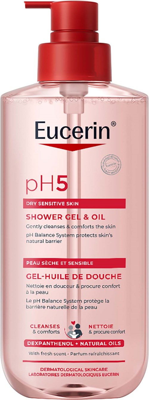 Eucerin duschgels med pH5 för känslig hud i en rosa flaska med pump.