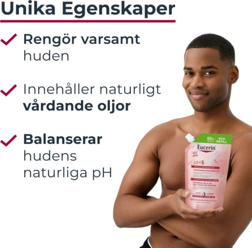 Ein Mann hält ein Eucerin Hautpflegeprodukt mit Text über Hautpflege, natürliche Öle und pH-Balance.